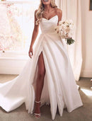 Engagement Sweetheart Strapless Court Train Satin Bridal Gowns With Split Front Wedding Dresses