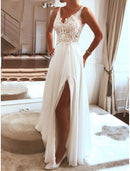 Beach V Neck Sleeveless Floor Length Chiffon Bridal Gowns With Split Front Wedding Dresses