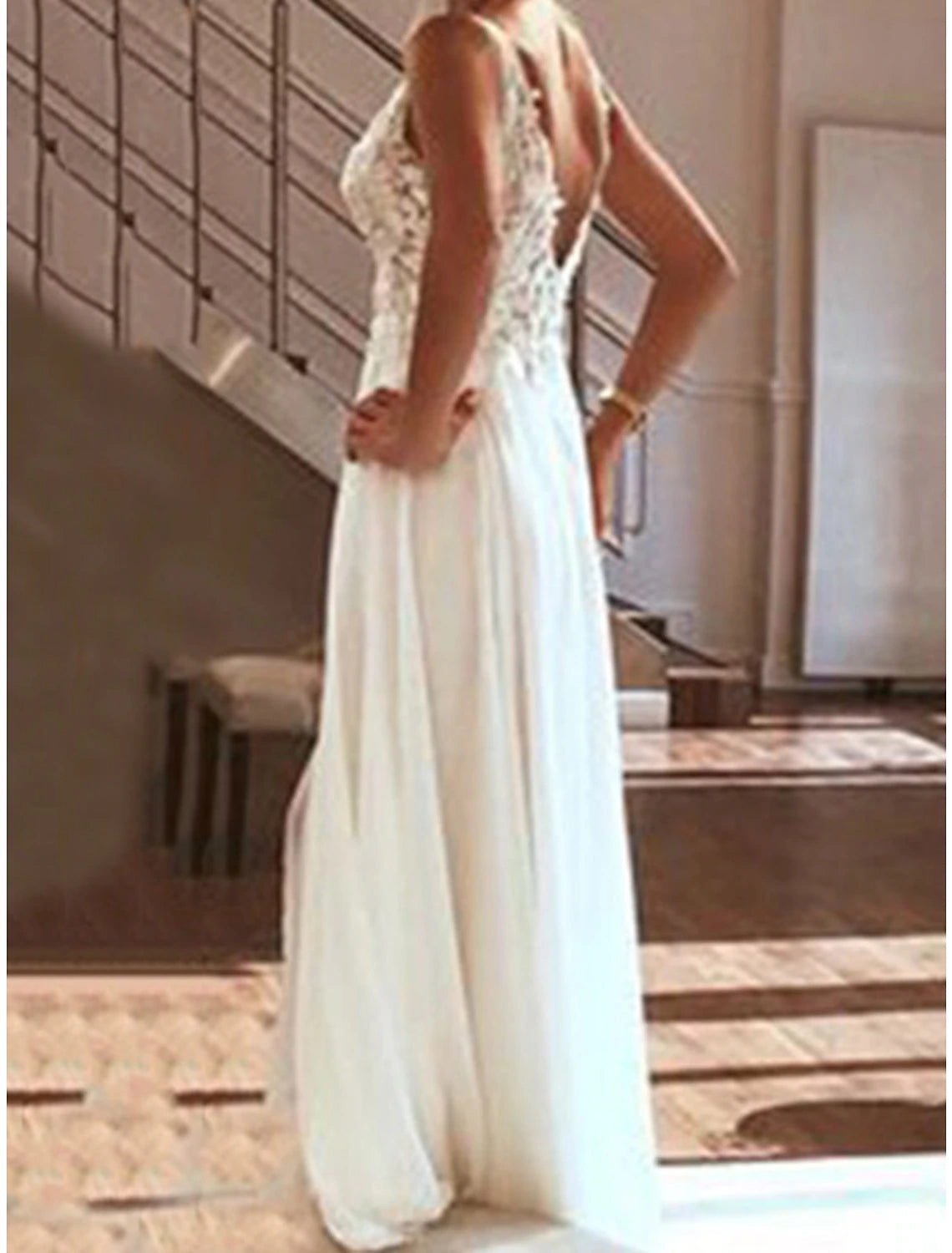 Beach V Neck Sleeveless Floor Length Chiffon Bridal Gowns With Split Front Wedding Dresses