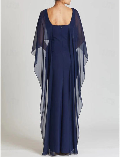 Gown Elegant Formal Wedding Guest Floor Length Short Sleeve Jewel Neck Capes Stretch Chiffon with Shawl Evening Dress