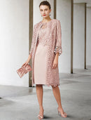 Two Piece Elegant Jewel Neck Knee Length Chiffon Lace Short Sleeve Jacket Dresses with Mother of the Bride Dress