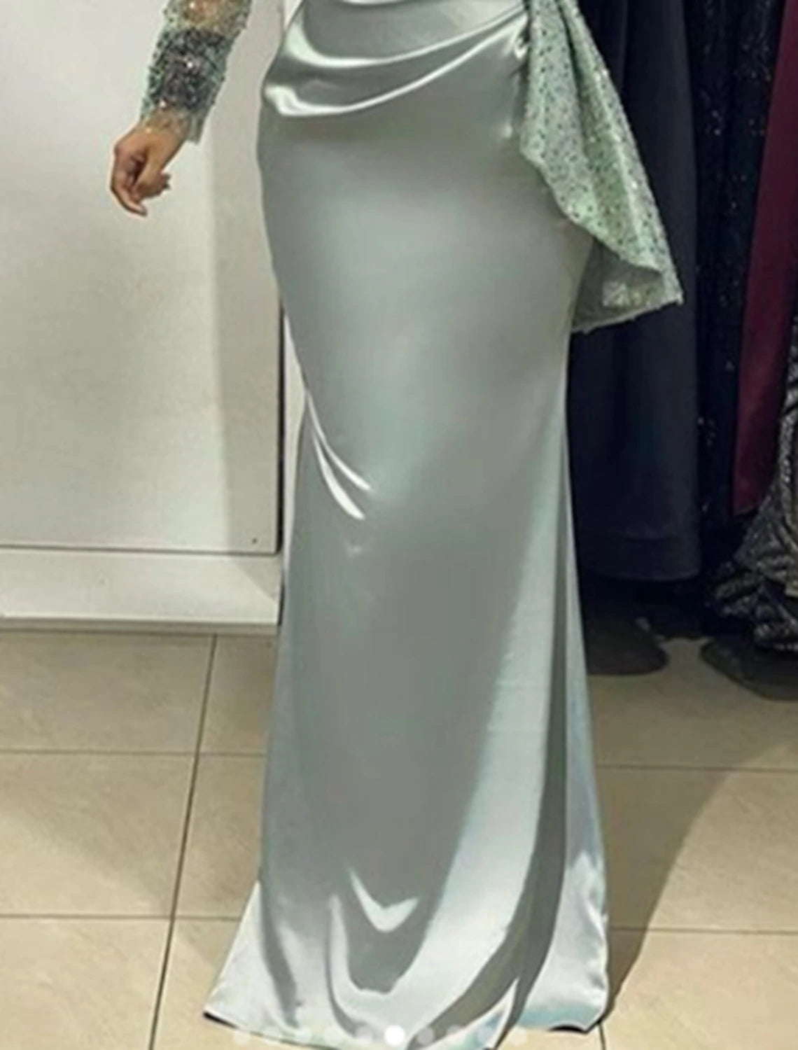 Mermaid Gown Sparkle Shine Formal Wedding Guest Floor Length Long Sleeve V Neck Fall Wedding Guest with Ruched Pearls Evening Dress