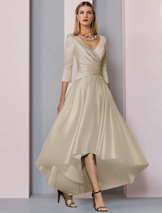 Mother of the Bride Dress Wedding Guest Elegant High Low V Neck Asymmetrical Ankle Length Satin Half Sleeve with Pleats