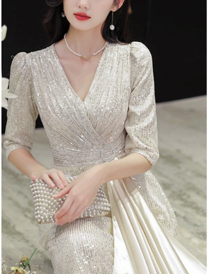 Wedding Guest Elegant Sparkle & Shine Petite V Neck Sweep / Brush Train Sequined Half Sleeve with Pleats Crystal Brooch Mother of the Bride Dress