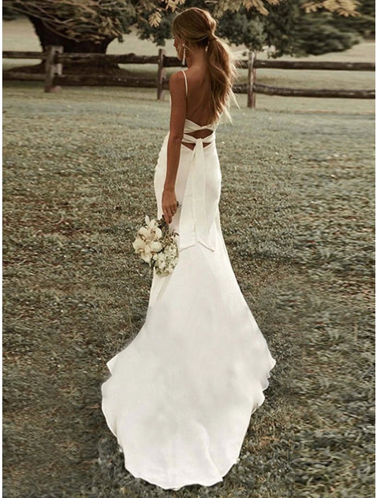 Beach Simple Column Square Spaghetti Strap Train Stretch Fabric Bridal Gowns With Ruched Split Front Wedding Dresses