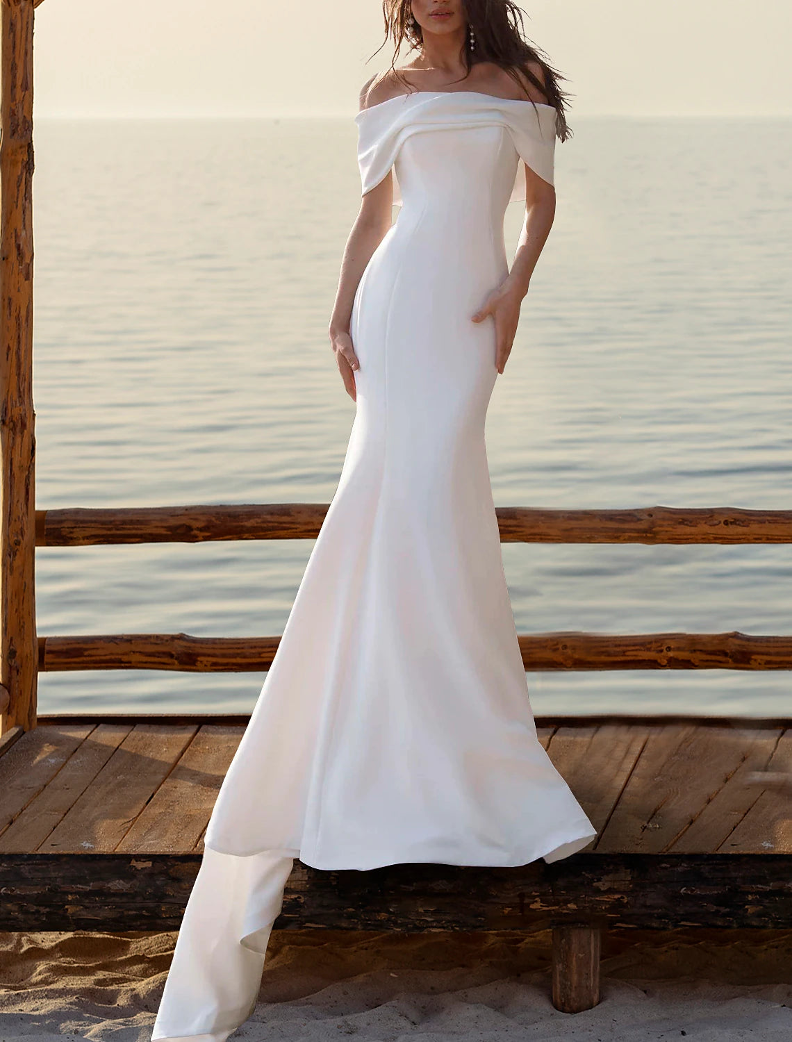 Beach Simple Mermaid / Trumpet Off Shoulder Cap Sleeve Court Train Satin Wedding Dresses Bridal Gowns