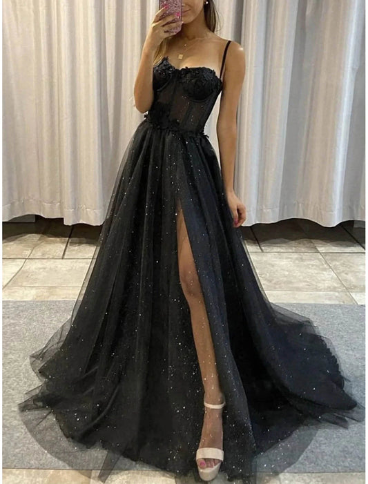 Glitter Dress Wedding Dresses Formal Gothic Dress Floor Length Sleeveless Sweetheart Spaghetti Tulle with Slit Prom Dresses