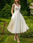 Wedding Dresses A-Line Scoop Neck Sleeveless Tea Length Satin Bridal Gowns With Pleats Solid Color