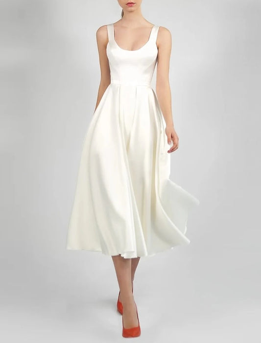 Wedding Dresses A-Line Scoop Neck Sleeveless Tea Length Satin Bridal Gowns With Pleats Solid Color