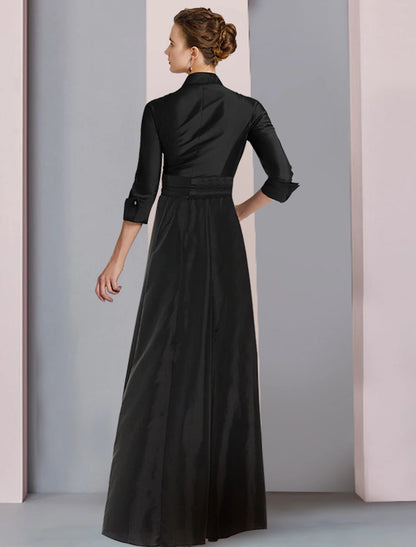 Mother of the Bride Dress Elegant Plus Size High Low Shirt Collar Asymmetrical Floor Length Satin 3/4 Length Sleeve with Sash / Ribbon Bow(s) Pleats Mother of the Bride Dress