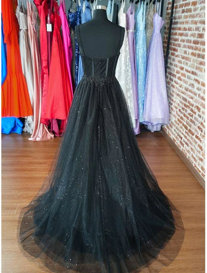 Glitter Dress Wedding Dresses Formal Gothic Dress Floor Length Sleeveless Sweetheart Spaghetti Tulle with Slit Prom Dresses