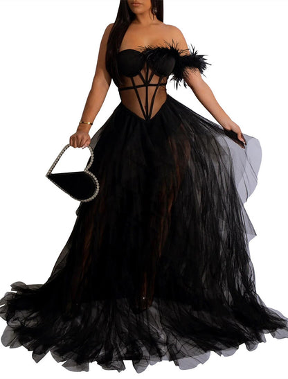 Wedding Party Court Train Sleeveless One Shoulder Tulle with Feather Party Dresses