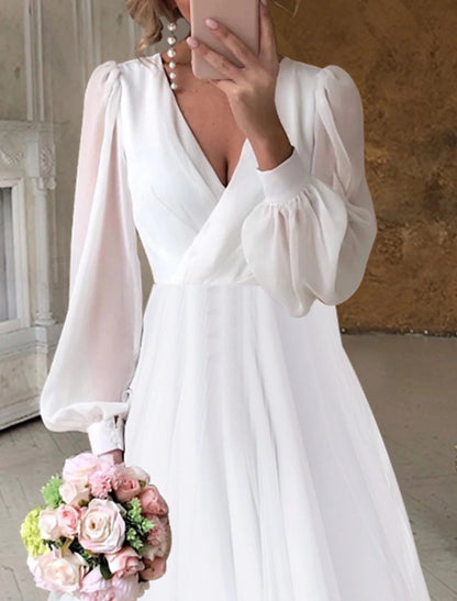 Wedding Dresses Little White Dresses Simple A-Line V Neck Long Sleeve Asymmetrical Chiffon Bridal Gowns Summer Wedding Party