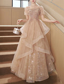 Elegant Dress Wedding Guest Prom Floor Length Short Sleeve Square Neck Tulle with Bow(s) Sequin Party Dresses