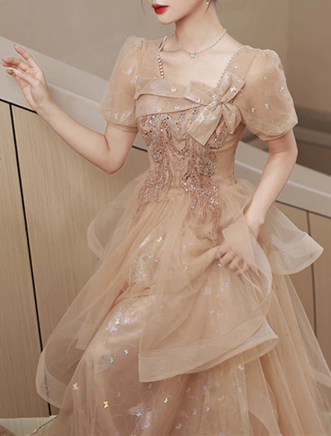 Elegant Dress Wedding Guest Prom Floor Length Short Sleeve Square Neck Tulle with Bow(s) Sequin Party Dresses