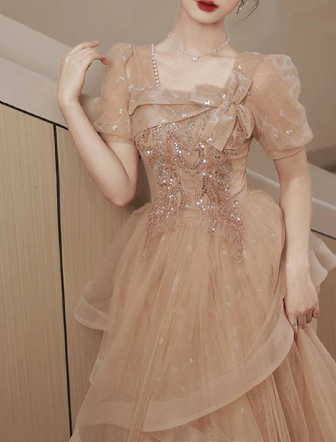 Elegant Dress Wedding Guest Prom Floor Length Short Sleeve Square Neck Tulle with Bow(s) Sequin Party Dresses