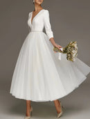 Simple Wedding Dresses A-Line Off Shoulder Cap Sleeve Tea Length Chiffon Bridal Gowns With Ruched Split Front Wedding Dresses