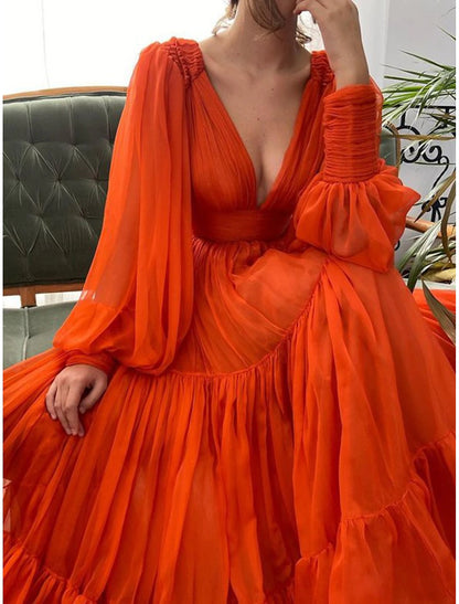 Wedding Guest Dress Formal Floor Length Long Sleeve V Neck Chiffon with Evening Dresses ﻿