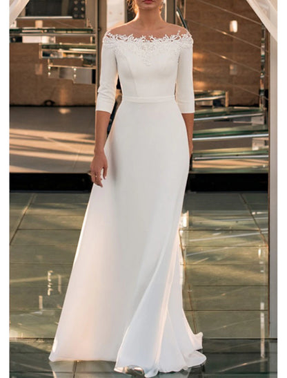 Formal Wedding Dresses A-Line Off Shoulder 3/4 Length Sleeve Sweep / Brush Train Lace Bridal Gowns