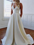 Simple A-Line V Neck Sleeveless Sweep / Brush Train Satin Wedding Dresses Bridal Gowns