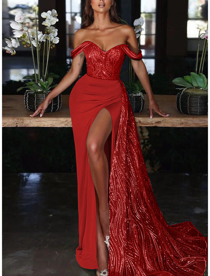 Mermaid Dress Formal Wedding Guest Court Train Sleeveless Off Shoulder with Ruched Sequin Slit Evening Gown Dress