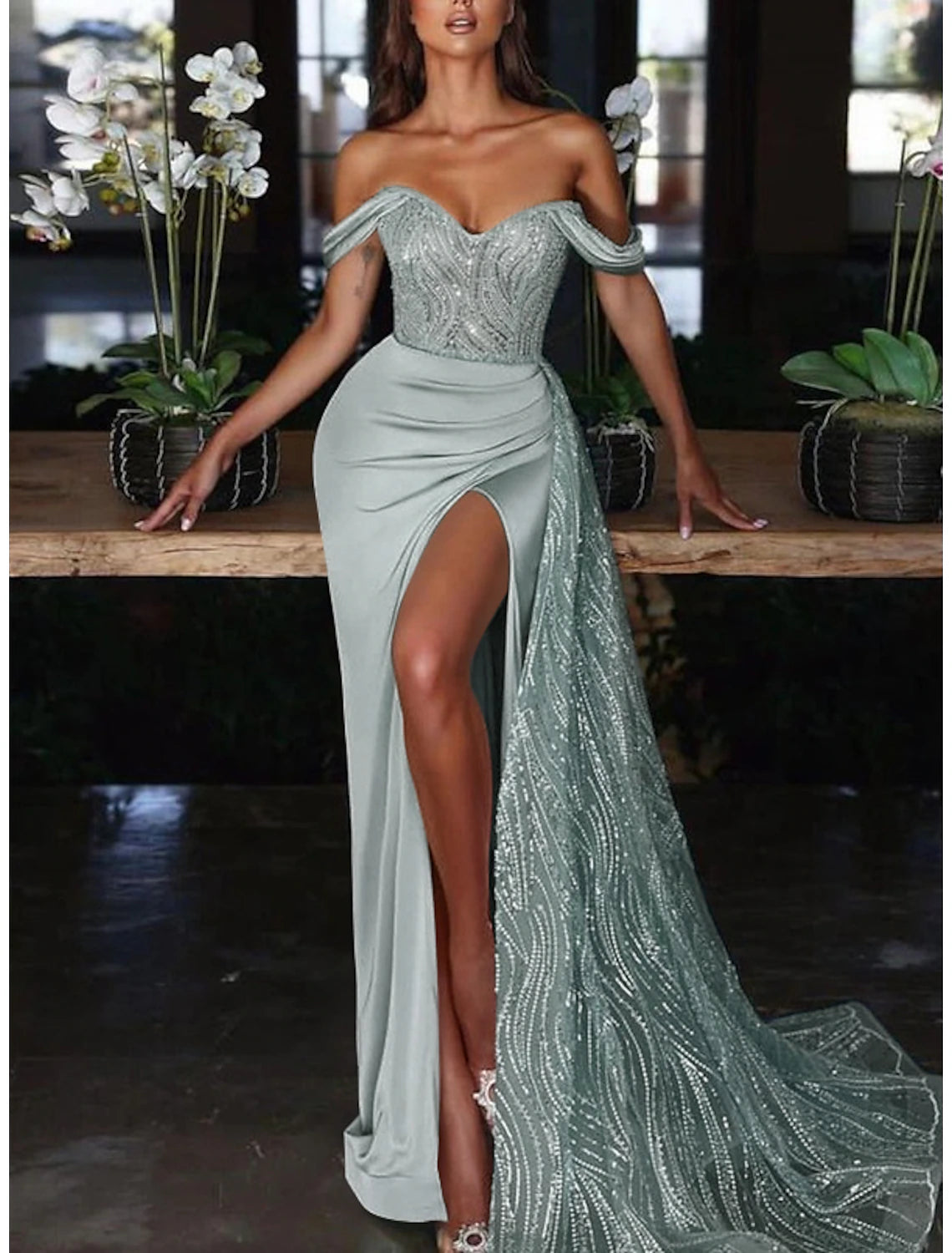 Mermaid Dress Formal Wedding Guest Court Train Sleeveless Off Shoulder with Ruched Sequin Slit Evening Gown Dress