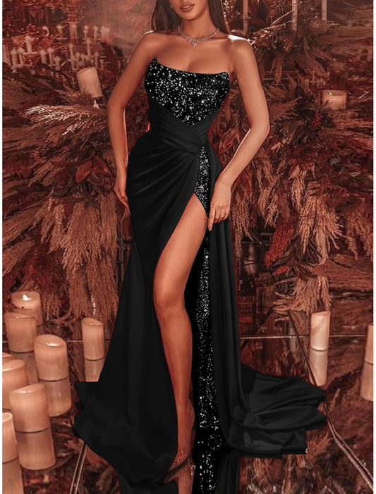 Celebrity Style Formal Court Train Sleeveless Strapless Sequined with Ruched Sequin Slit Evening Dress