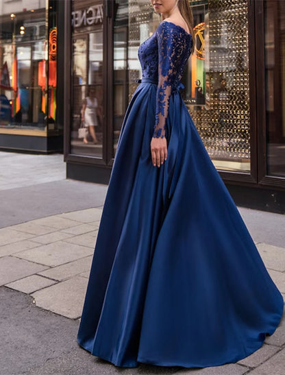 Elegant Dress Wedding Guest Fall Floor Length Long Sleeve Off Shoulder Belt / Sash Satin with Appliques Evening Dress