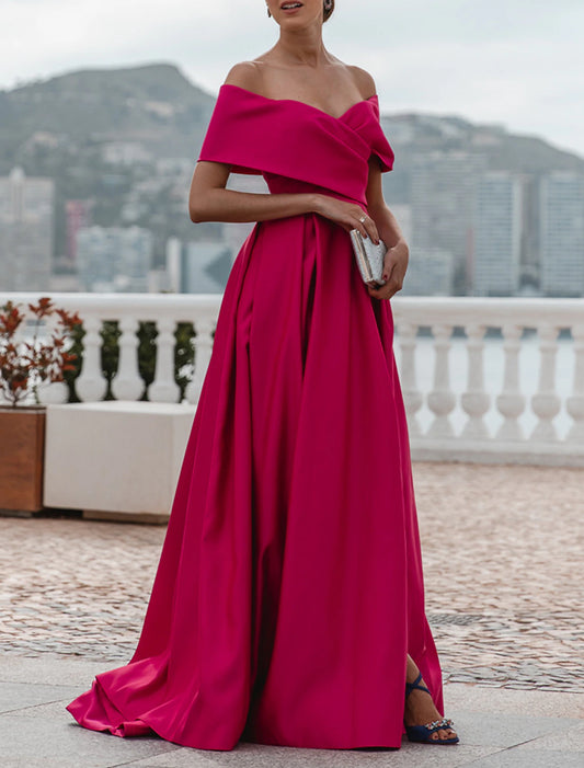 Evening Dress Wedding Guest Party Dress Celebrity Style Dress Formal Wedding Court Train Sleeveless Off Shoulder Bridesmaid Dress Satin with Ruched Dress