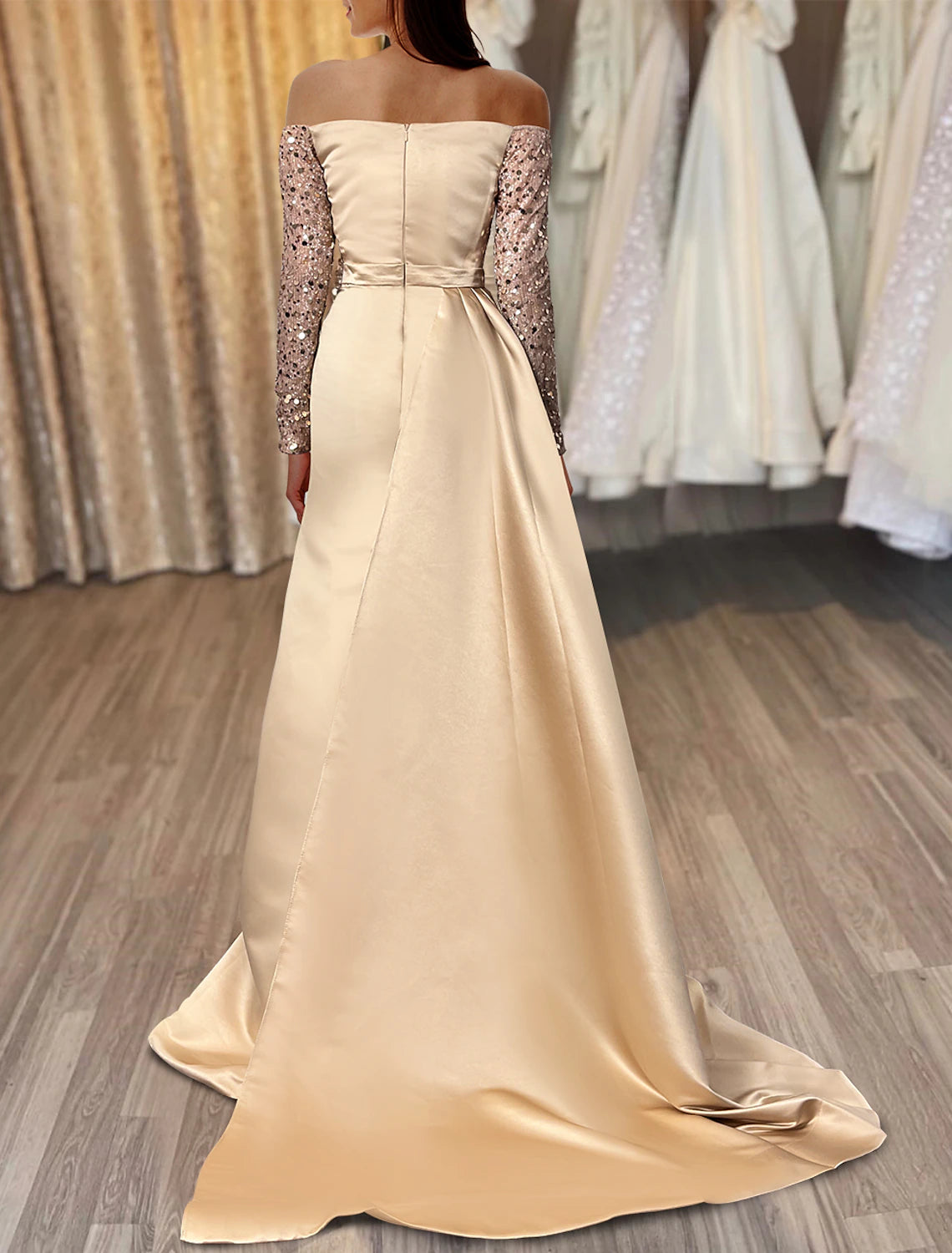 Mermaid Dress Wedding Guest Sparkle & Shine Dress Formal Wedding Party Court Train Long Sleeve Off Shoulder Fall Wedding Reception Satin with Ruched Sequin Slit Evening Dress