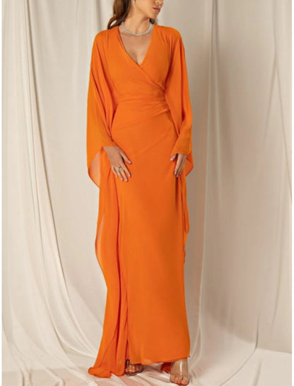 Wedding Guest Elegant Dress Formal Fall Ankle Length Long Sleeve V Neck Chiffon with Ruched Ruffles Evening Dresses