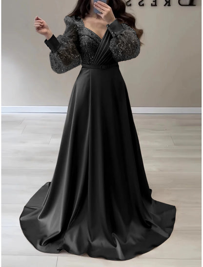 Formal Fall Brush Train Long Sleeve V Neck Satin with Glitter Pleats Evening Gown Elegant Dress