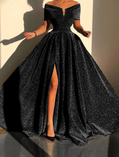 Formal Fall Court Train Sleeveless Off Shoulder Sequined with Sequin Slit Evening Dress