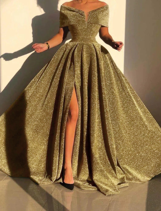 Formal Fall Court Train Sleeveless Off Shoulder Sequined with Sequin Slit Evening Dress