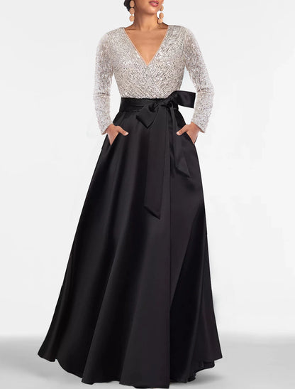 Formal Floor Length Long Sleeve V Neck Fall Wedding Guest Satin with Sequin Pocket Evening Gown Elegant Dress