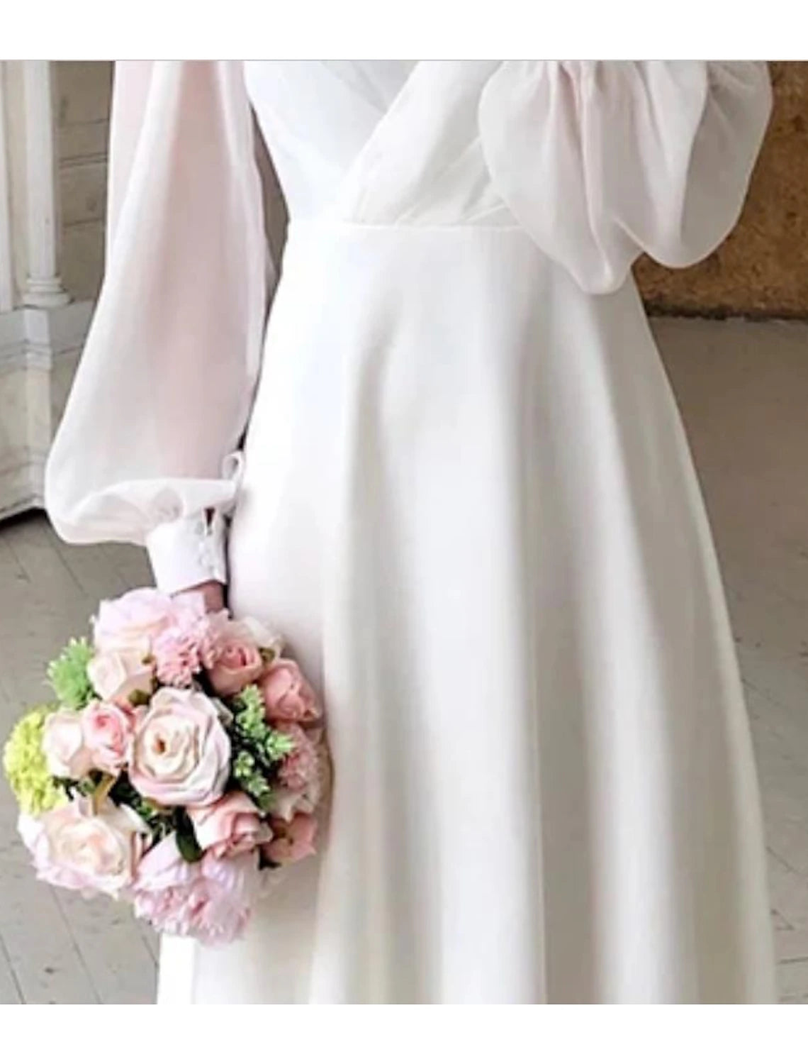 Simple Wedding Dresses Little Dresses A-Line V Neck For Wedding Reception Lantern Sleeve Ankle Length Chiffon Shower With Solid Color Bridal Gowns