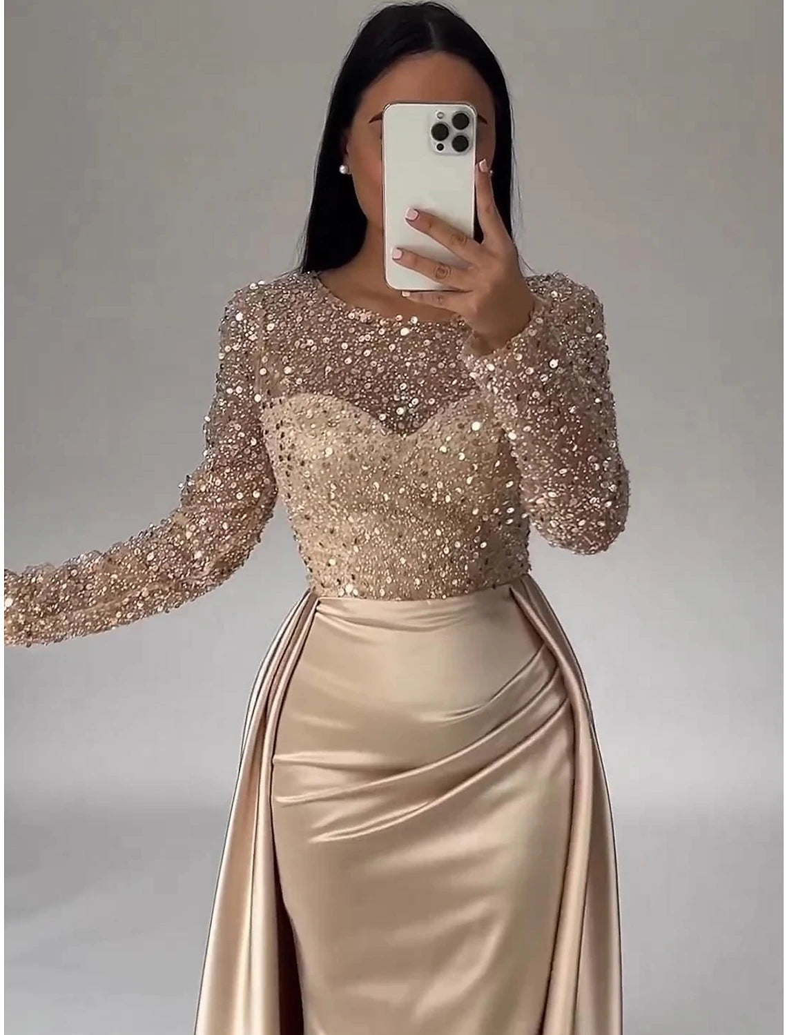 Mermaid Sequin Gown Ruched Satin Long Sleeves Floor Length Sparkle Illusion Neck Prom Wedding Guest Dress with Pearls Evening Dress