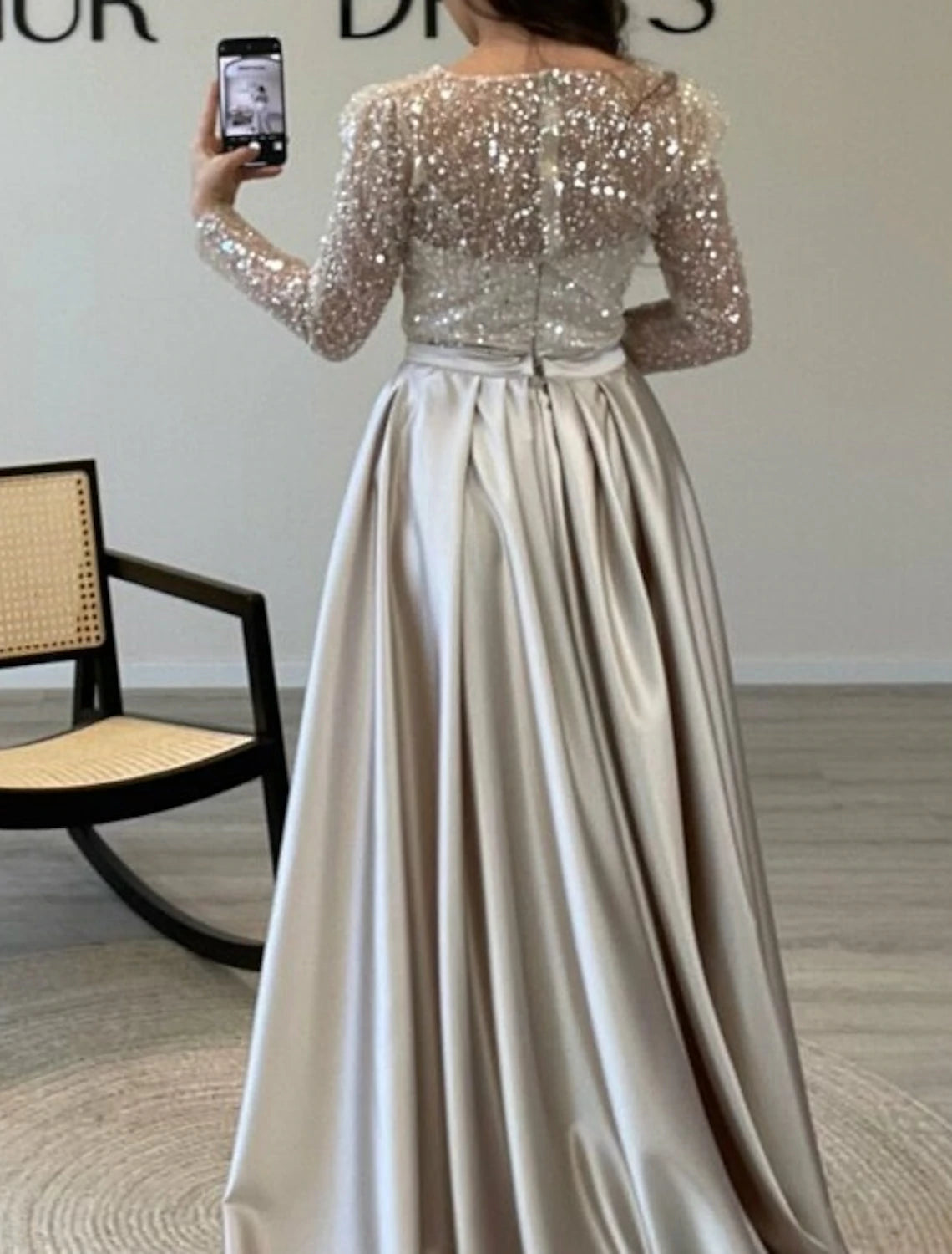 Mermaid Sequin Gown Ruched Satin Long Sleeves Floor Length Sparkle Illusion Neck Prom Wedding Guest Dress with Pearls Evening Dress