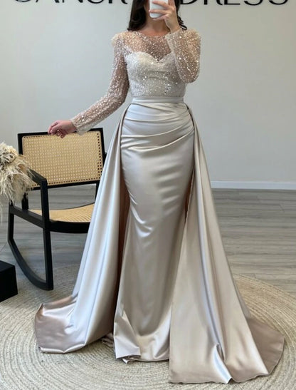 Mermaid Sequin Gown Ruched Satin Long Sleeves Floor Length Sparkle Illusion Neck Prom Wedding Guest Dress with Pearls Evening Dress