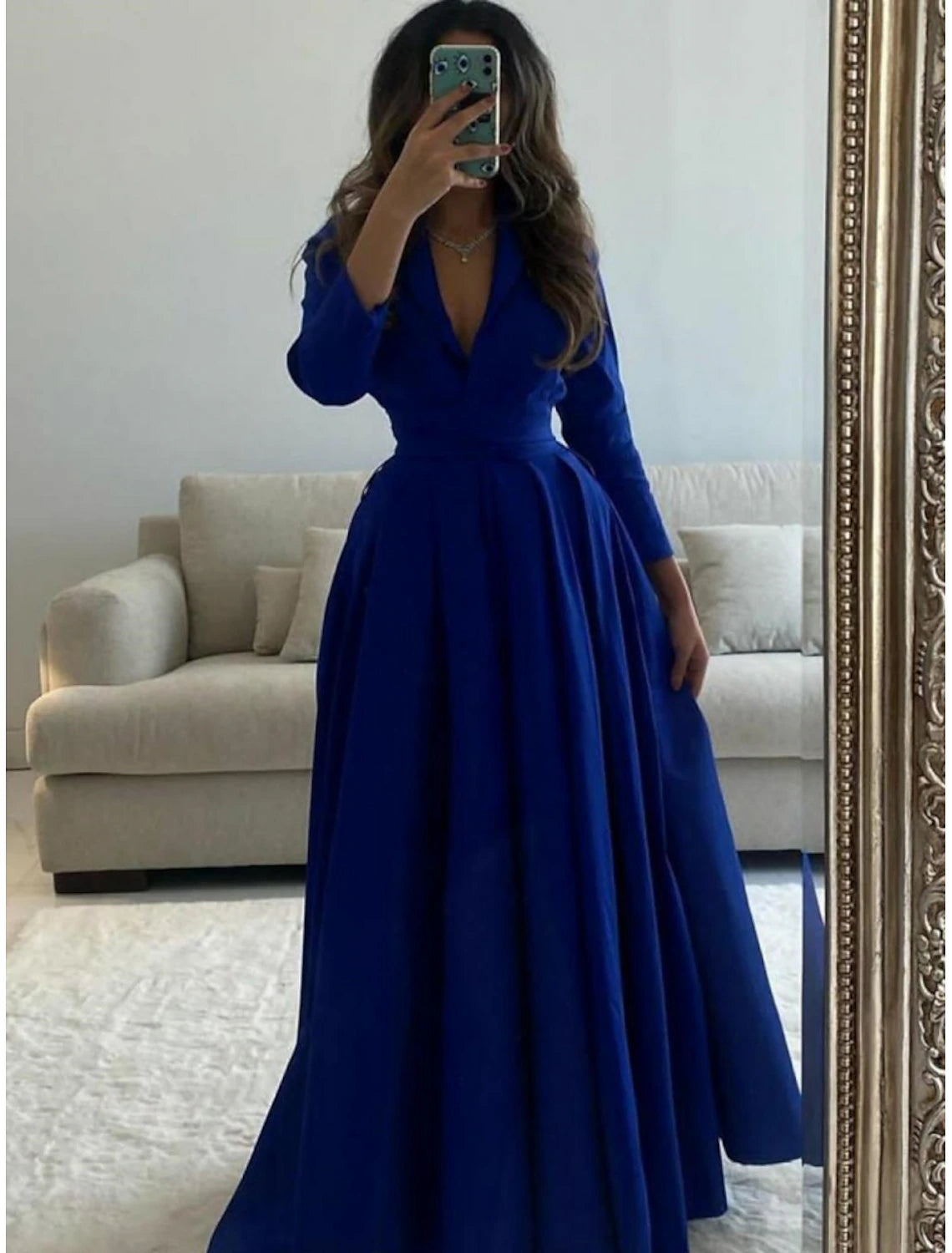 Gown Elegant Formal Length Sleeve V Neck with Pleats Evening Dress