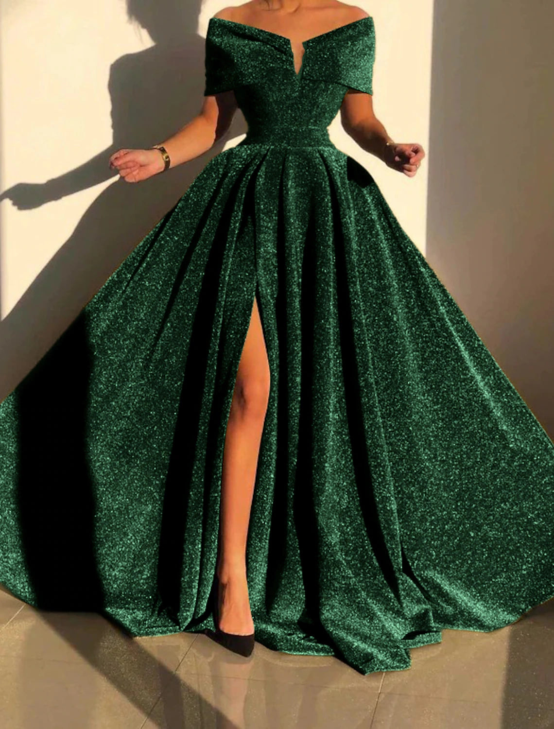 Formal Fall Court Train Sleeveless Off Shoulder Sequined with Sequin Slit Evening Dress