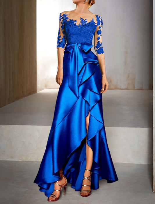 Wedding Guest Fall Asymmetrical Half Sleeve Jewel Neck Satin with Bow(s) Appliques Evening Gown Elegant Dress