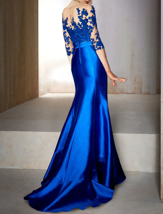 Wedding Guest Fall Asymmetrical Half Sleeve Jewel Neck Satin with Bow(s) Appliques Evening Gown Elegant Dress