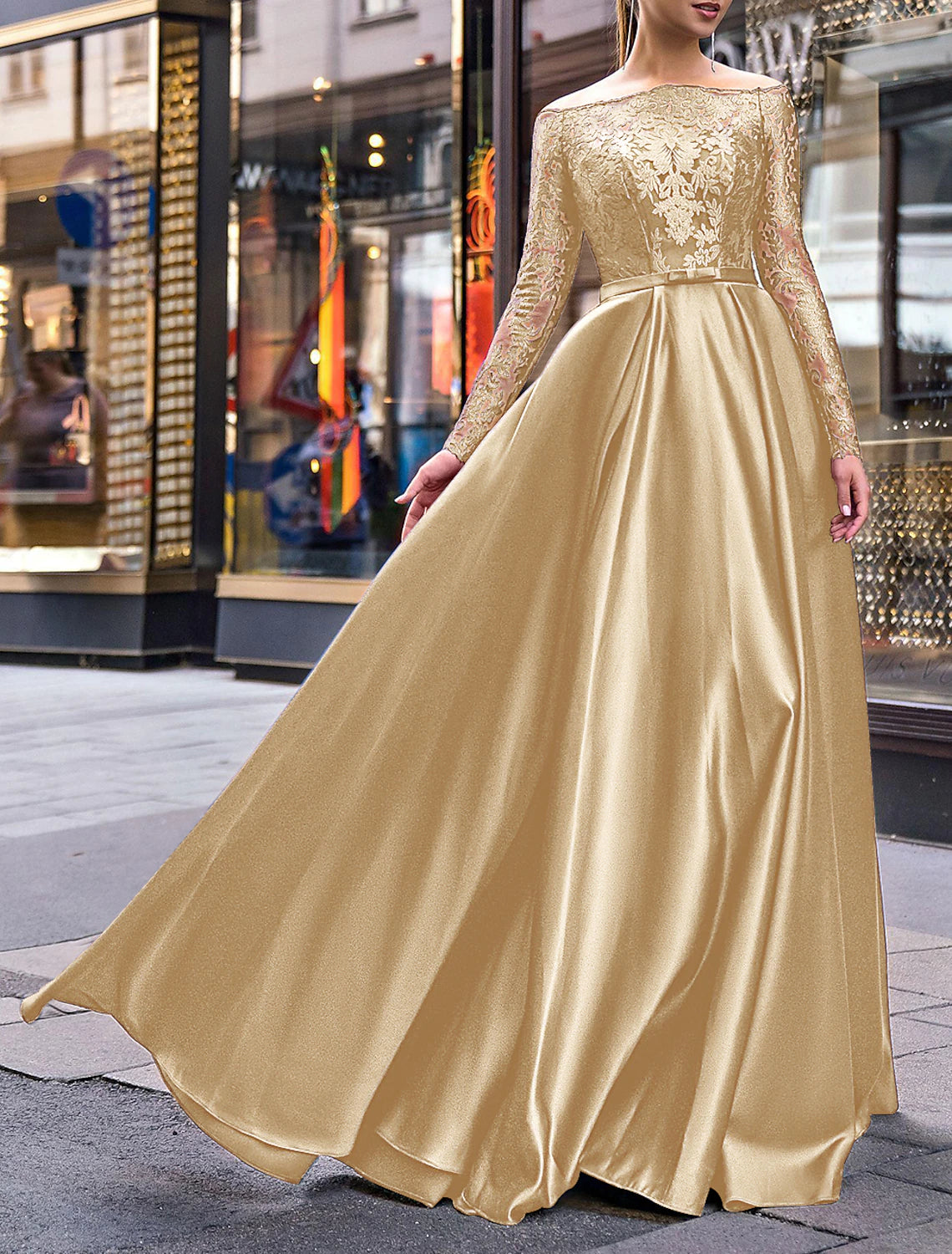 Elegant Dress Wedding Guest Fall Floor Length Long Sleeve Off Shoulder Belt / Sash Satin with Appliques Evening Dress