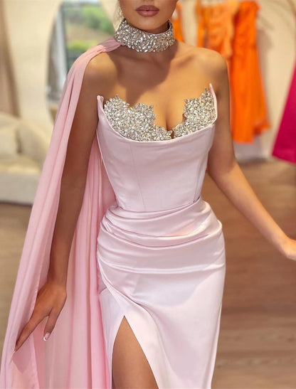 Mermaid Gown Formal Masquerade Brush Train Sleeveless Strapless Capes Satin with Rhinestone Ruched Slit Evening Dress