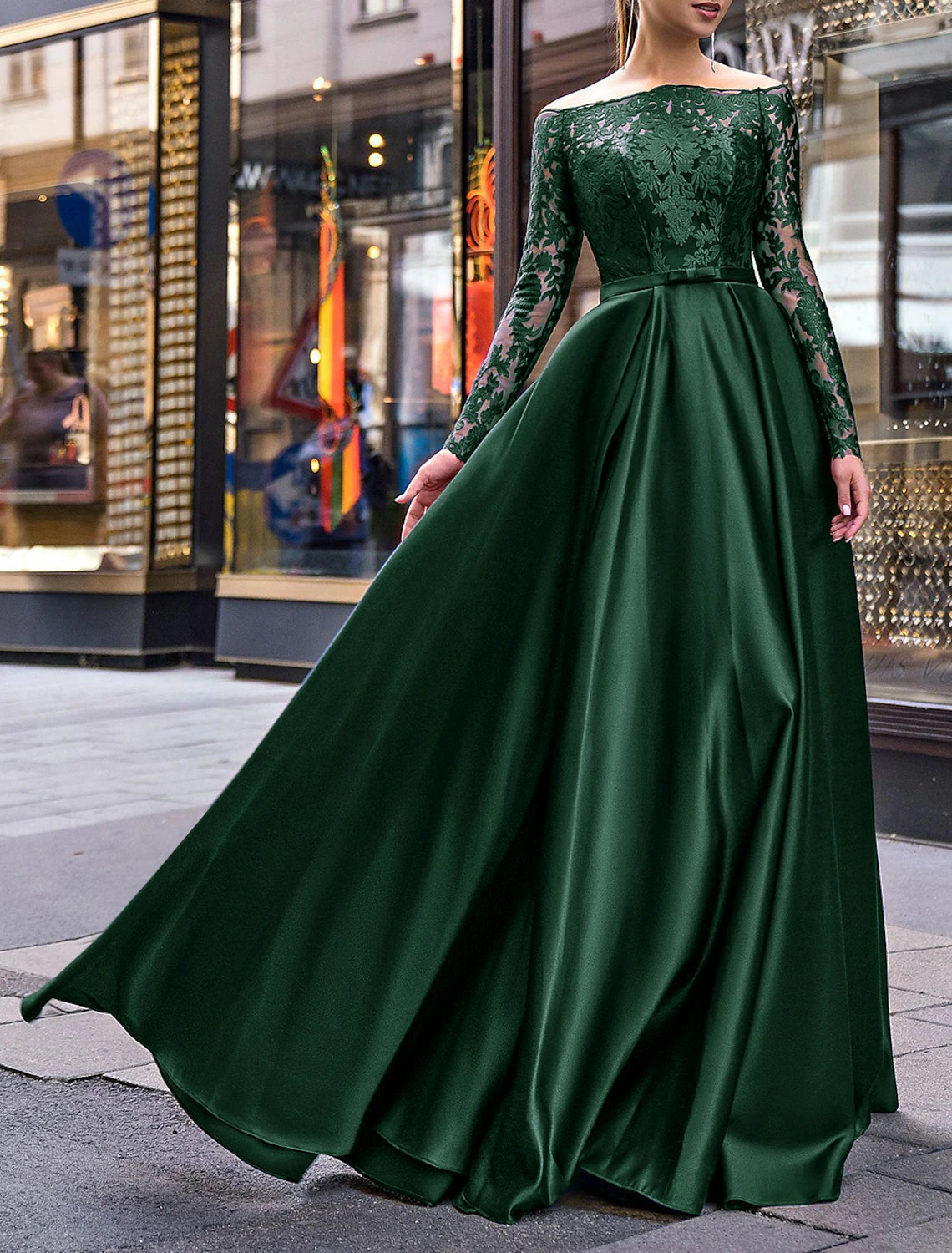 Elegant Dress Wedding Guest Fall Floor Length Long Sleeve Off Shoulder Belt / Sash Satin with Appliques Evening Dress