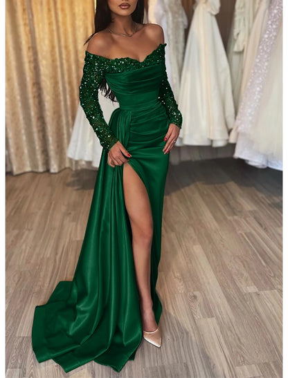 Mermaid Dress Wedding Guest Sparkle Dress Formal Wedding Party Court Train Long Sleeve Off Shoulder Fall Wedding Reception Satin with Ruched Sequin Slit Evening Dress