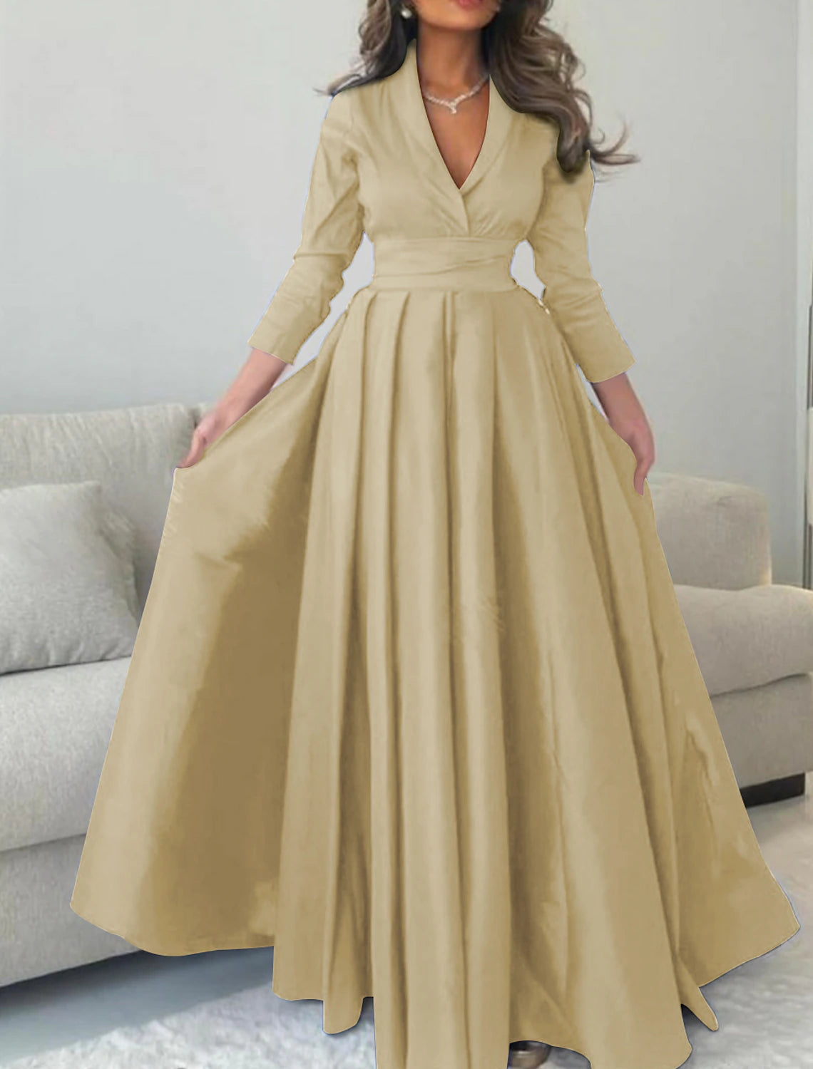 Gown Elegant Formal Length Sleeve V Neck with Pleats Evening Dress