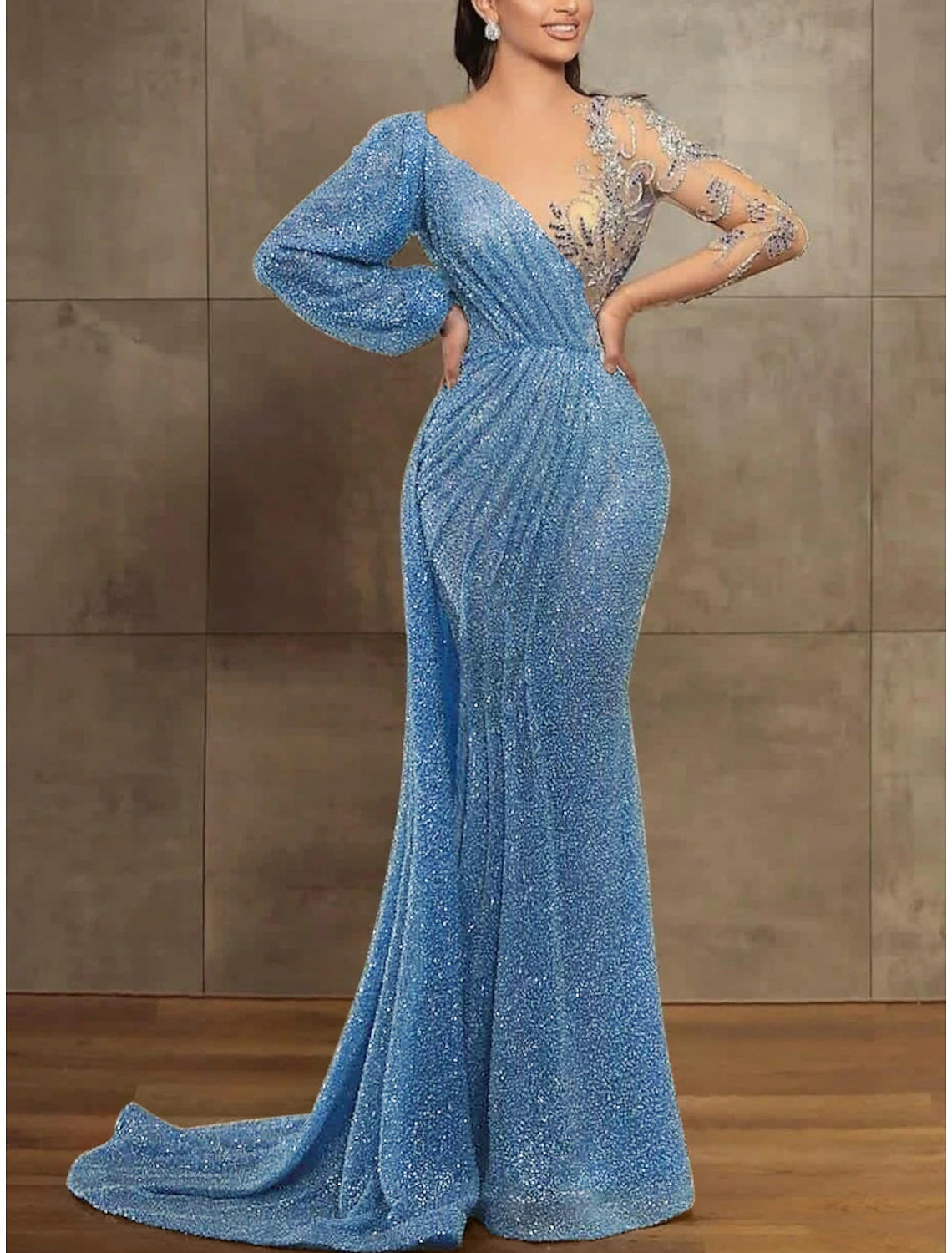 Sequin Mermaid  Gown Elegant Formal Dress Court Train Long Sleeve Illusion Neck Sequined with Pleats Evening Dress