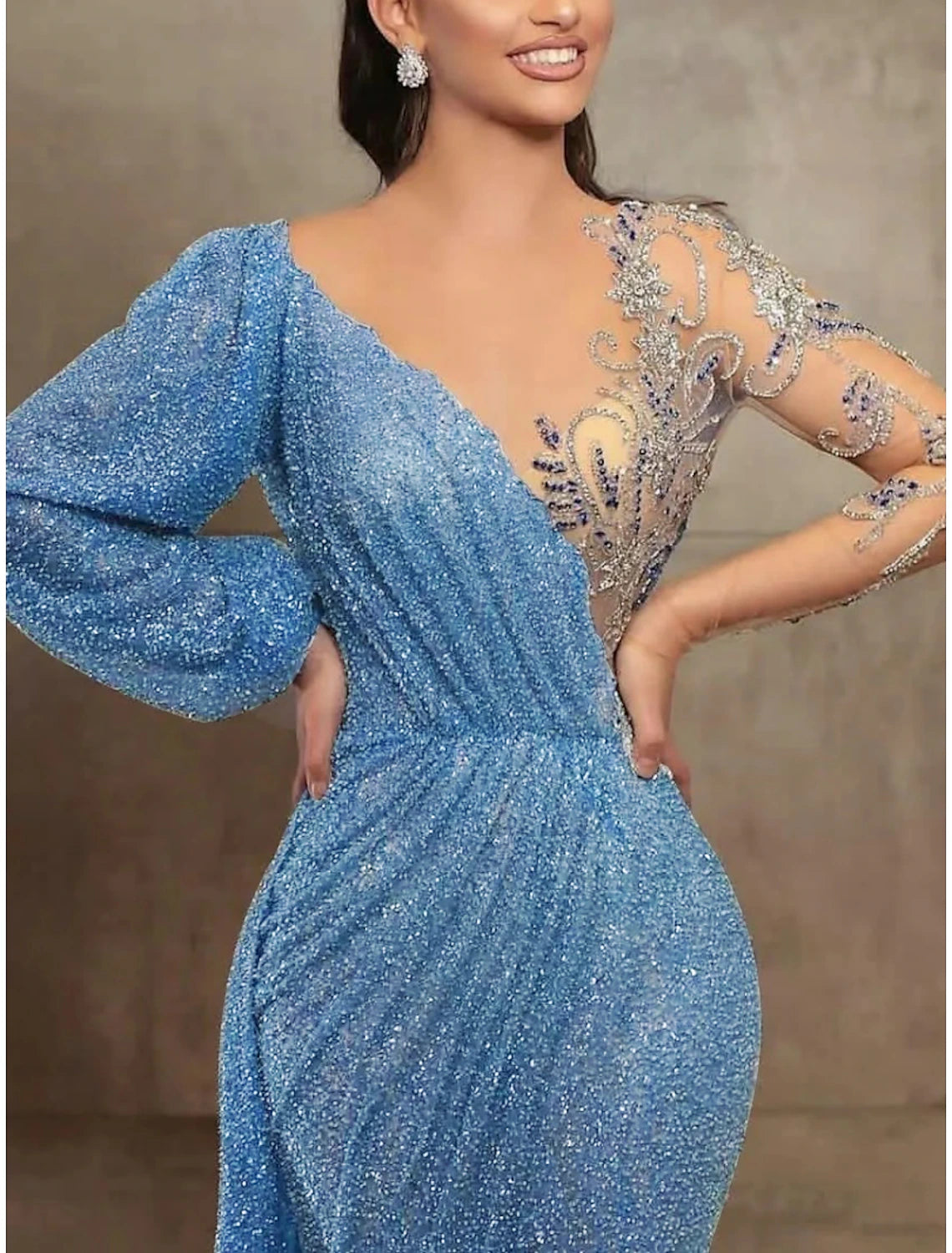 Sequin Mermaid  Gown Elegant Formal Dress Court Train Long Sleeve Illusion Neck Sequined with Pleats Evening Dress